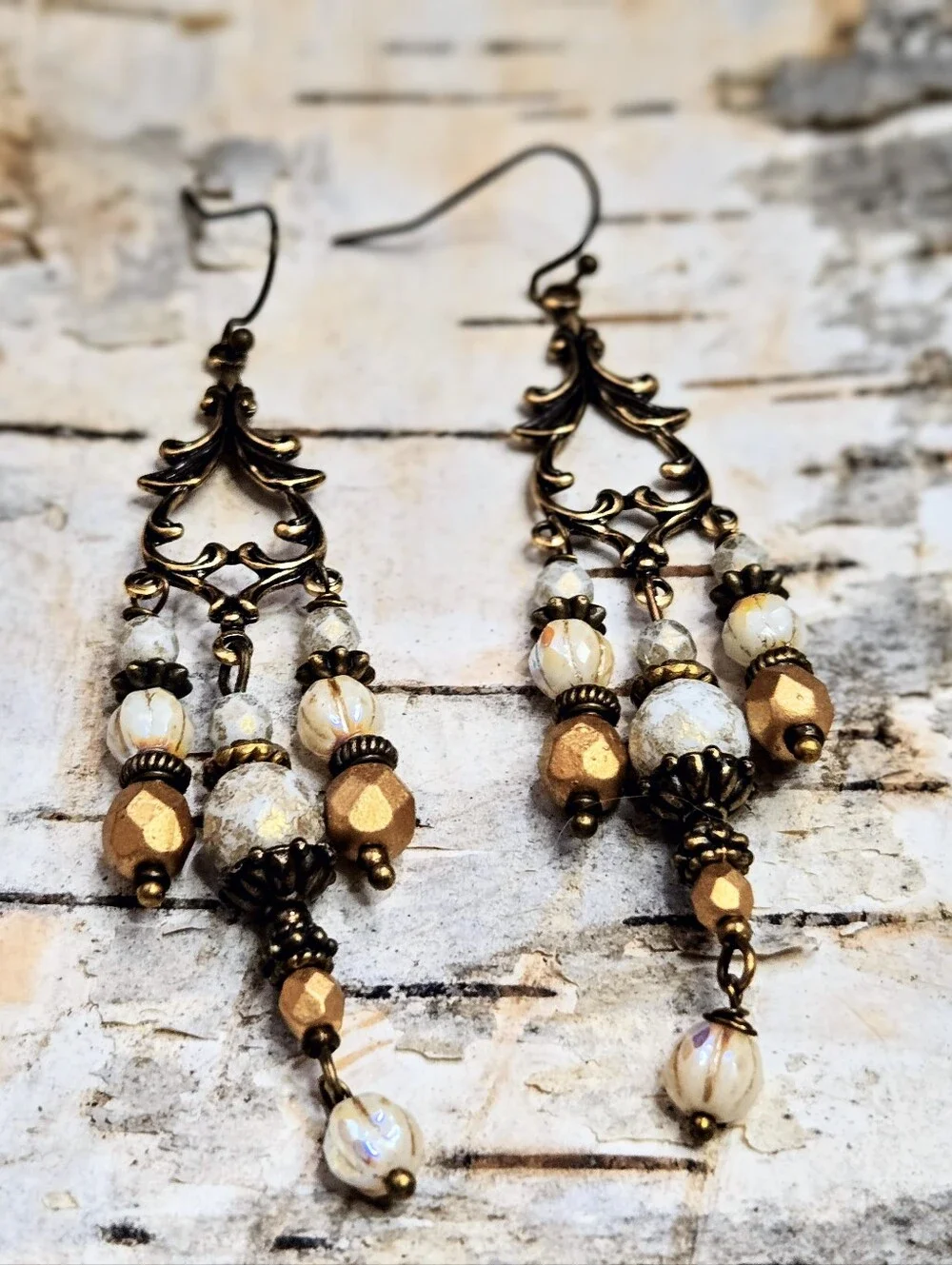 Victorian Rustic White & Etched Gold Glass In Feminine Antique Bronze Earrings
